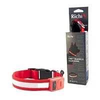 Ошейник Richi Led, светящийся, 3 режима, 2xCR2025 в комплекте, красный (S), 32-34 см