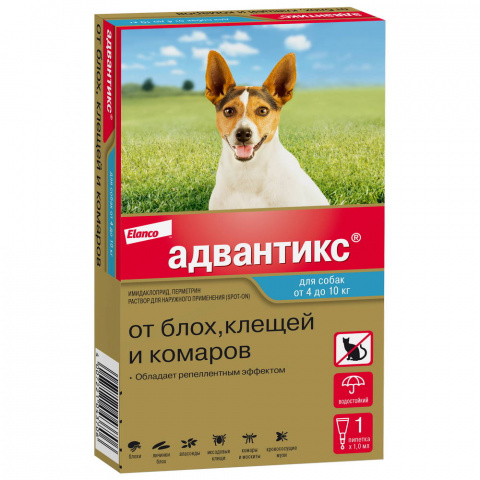 Капли Адвантикс от блох и клещей, для собак до 4 кг, 1 пипетка