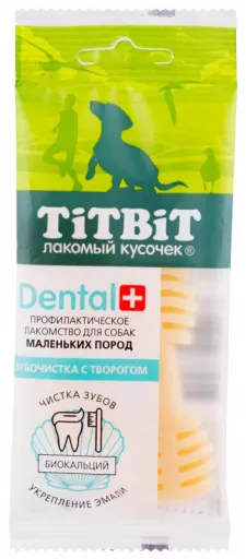 Лакомство для маленьких собак TitBit Dental+, Зубочистка с творогом животные